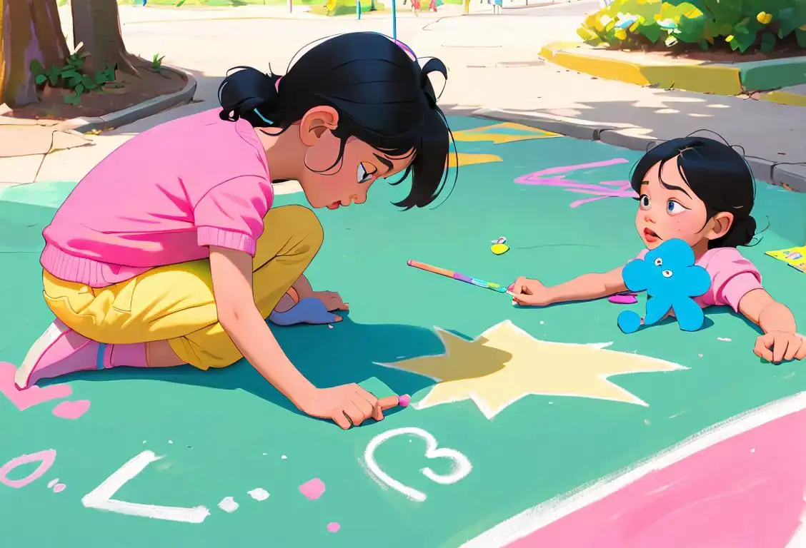 Children drawing with colorful chalk on a sunny day, wearing summer clothes, in a vibrant neighborhood park..