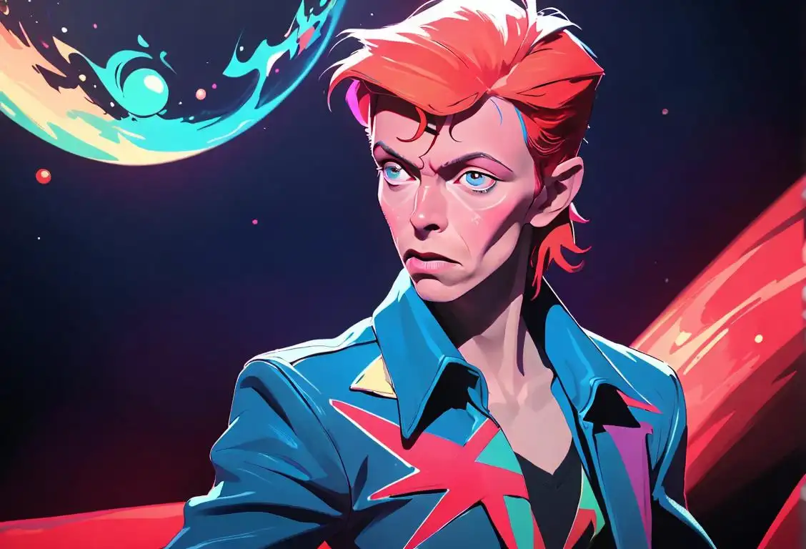 David Bowie-inspired rocker with colorful hair, wearing a statement jacket, grooving to music in a cosmic-themed concert setting..