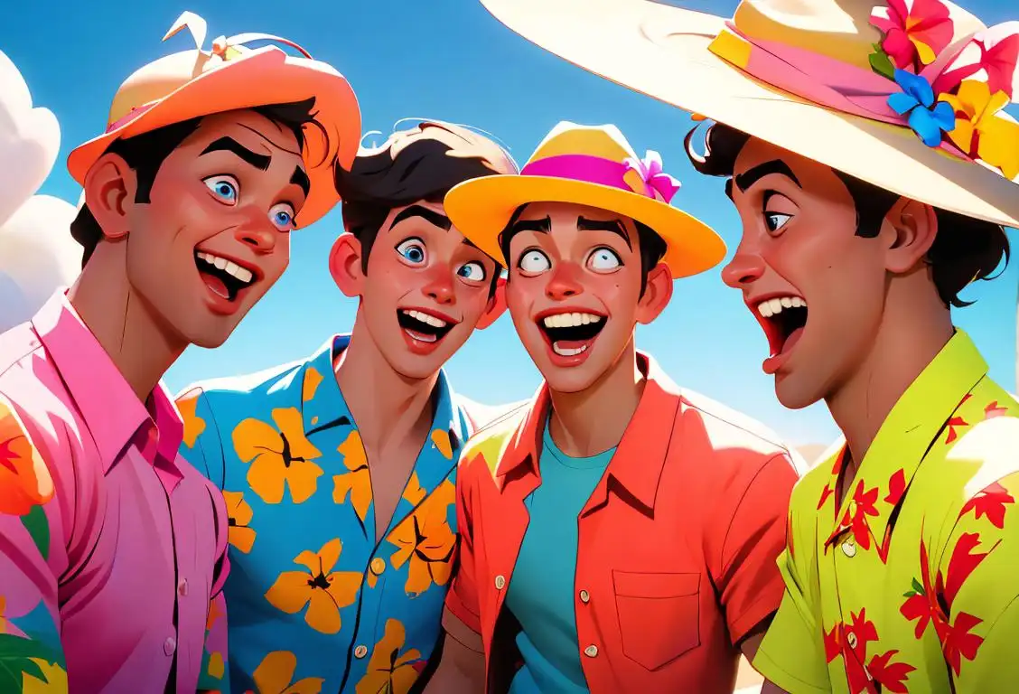 Young man wearing a silly hat, brightly colored Hawaiian shirt, surrounded by a group of friends laughing together at an embarrassing moment..