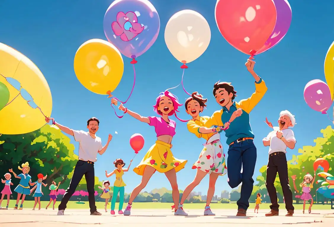 Group of diverse people joyfully doing the hokey cokey dance in a park surrounded by colorful balloons. Casual attire, sunny outdoor setting..