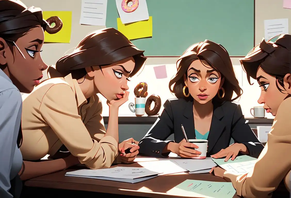 Group of co-workers glaring at a donut-stealing colleague, office setting with coffee mugs and post-it notes..