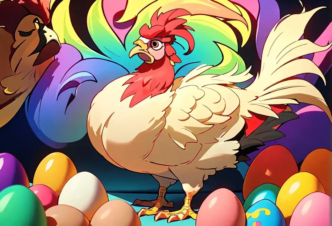Colorful illustration of a grand rooster proudly displaying its vibrant feathers, surrounded by a diverse crowd enjoying eggs and admiring the majestic creature..