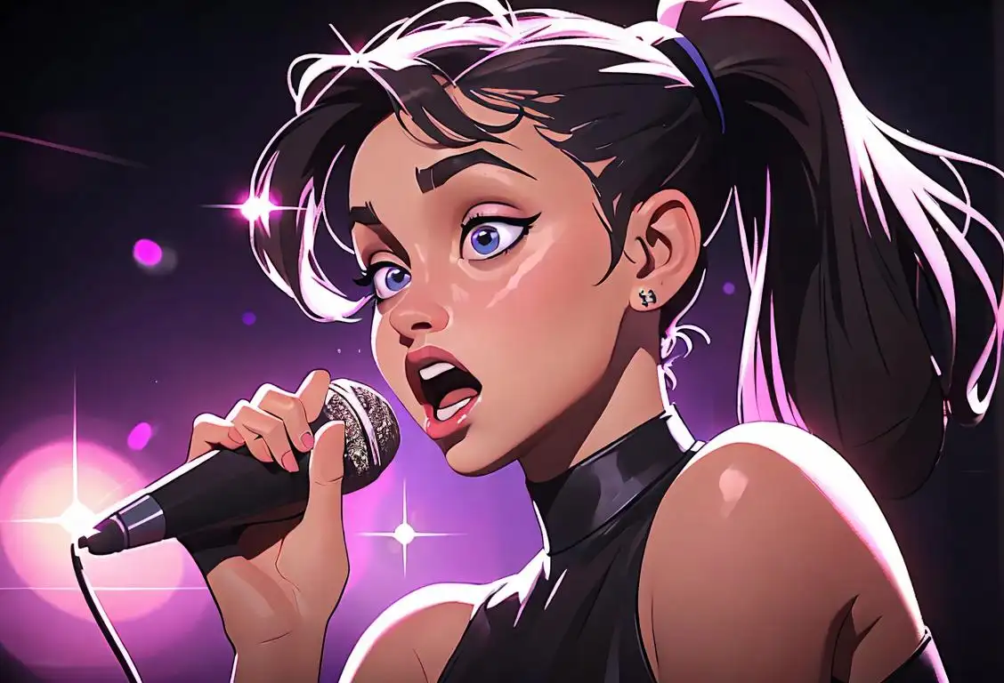 Young woman with high ponytail, singing into a microphone, wearing a sparkly outfit, stage lights in the background..