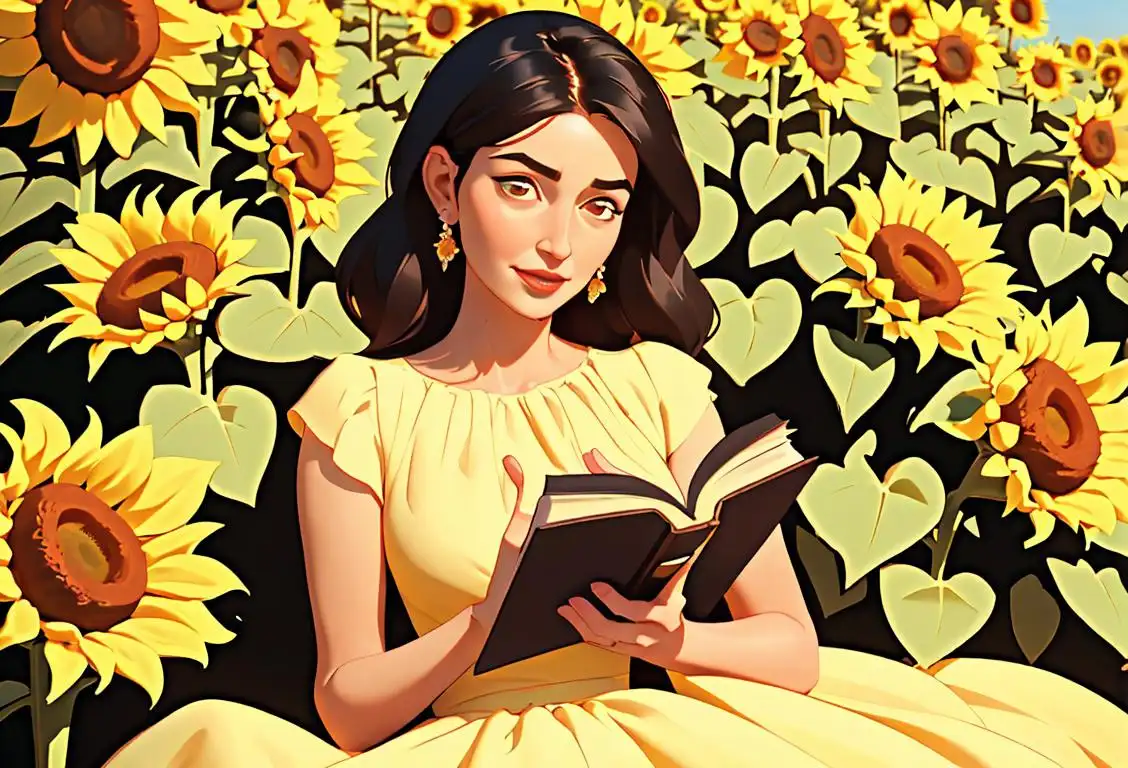 Young woman in a flowy dress, surrounded by sunflowers and holding a book, embodying the timeless beauty and intelligence celebrated on National milf appreciation Day..