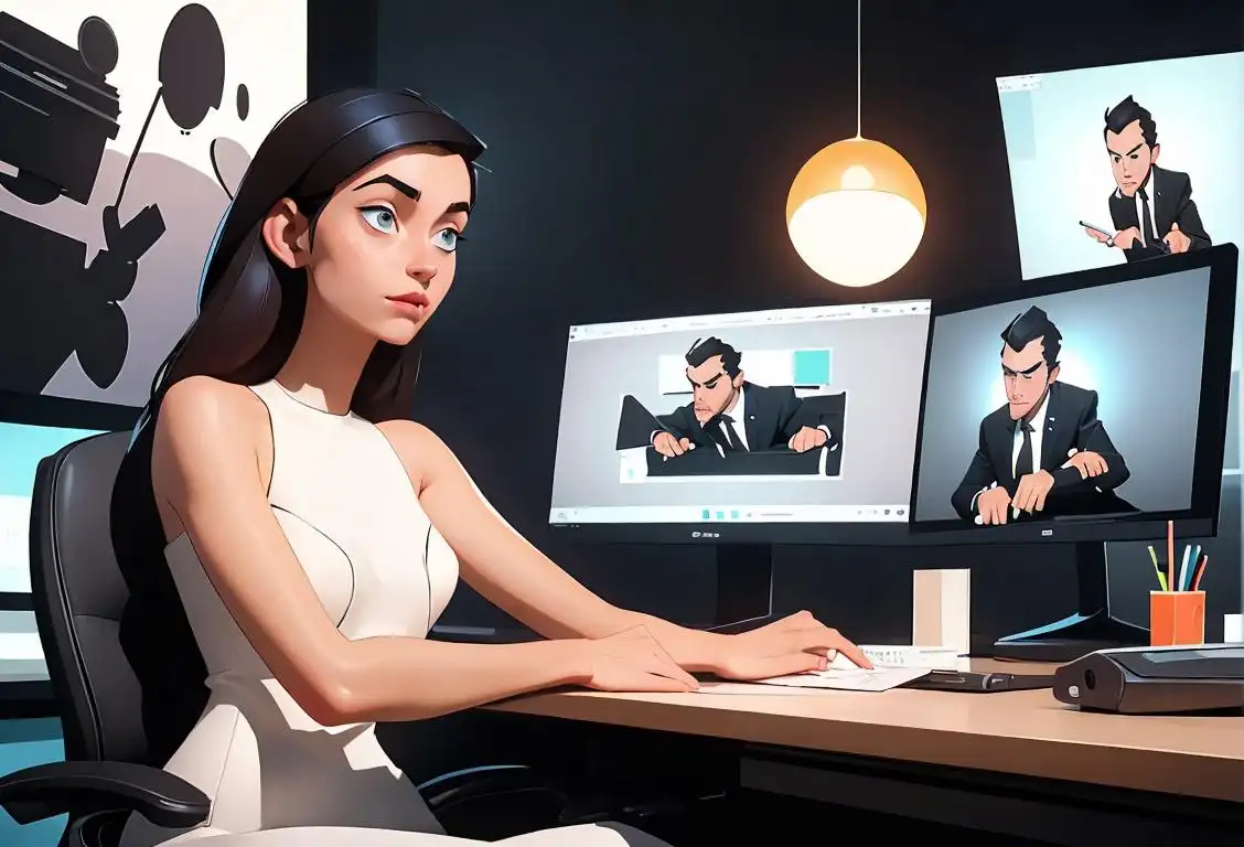 Young professional sitting at a desk, wearing a sleek suit, surrounded by computer screens and a quirky office decor..