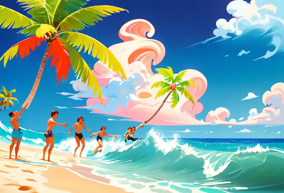 A group of surfers catching waves at a tropical beach, wearing colorful boardshorts, 80s style Hawaiian fashion, palm trees and clear blue sky in the background..