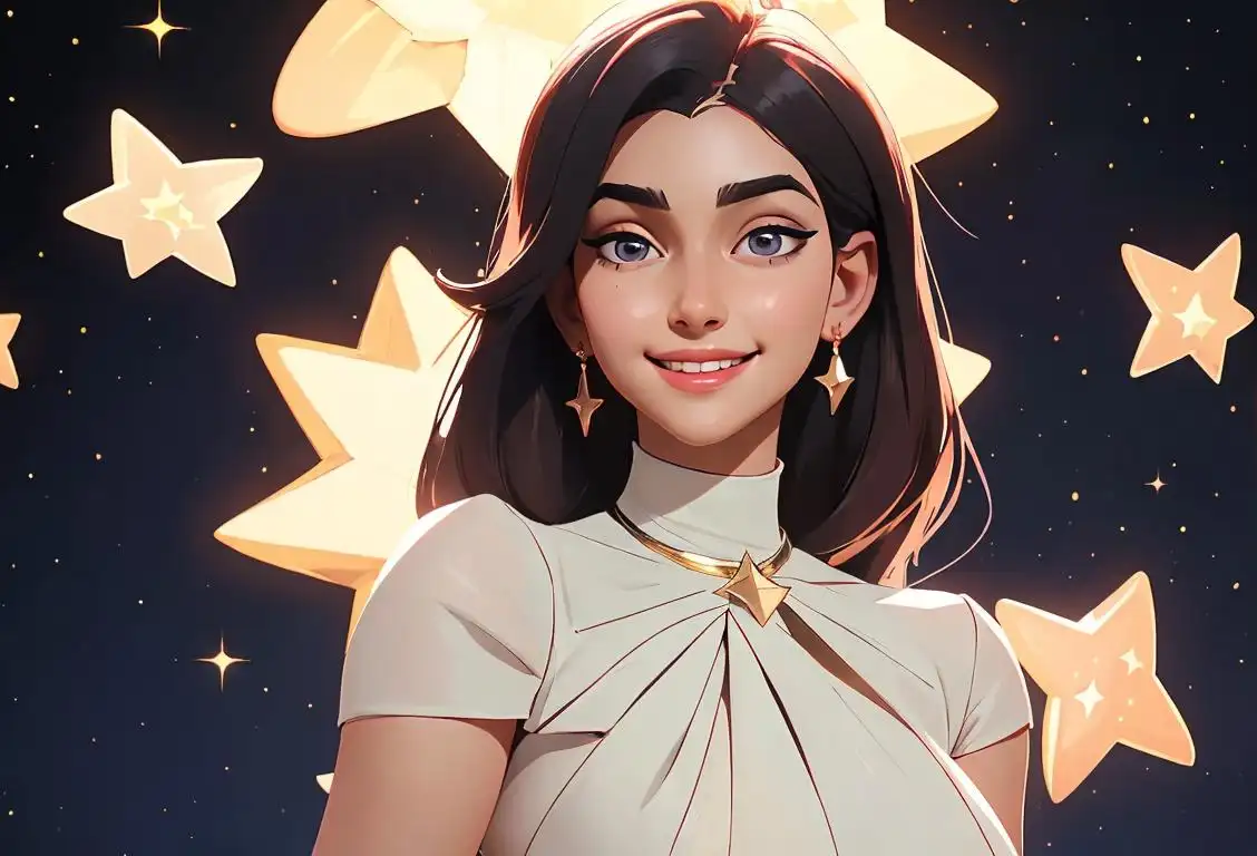 Young woman with a radiant smile, wearing a stylish outfit, surrounded by shining stars..