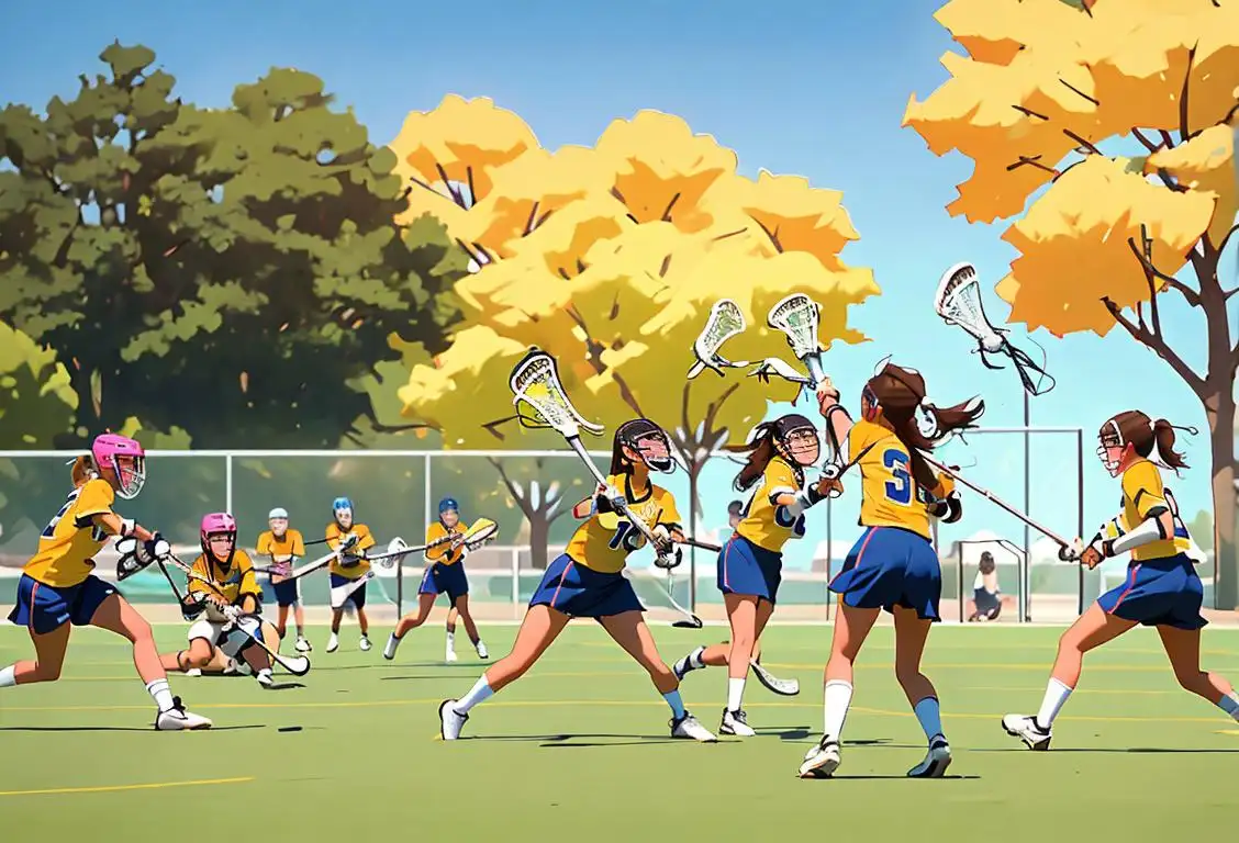 A group of friends playing lacrosse in a sunny park, wearing colorful jerseys and sweatbands, surrounded by cheering spectators..