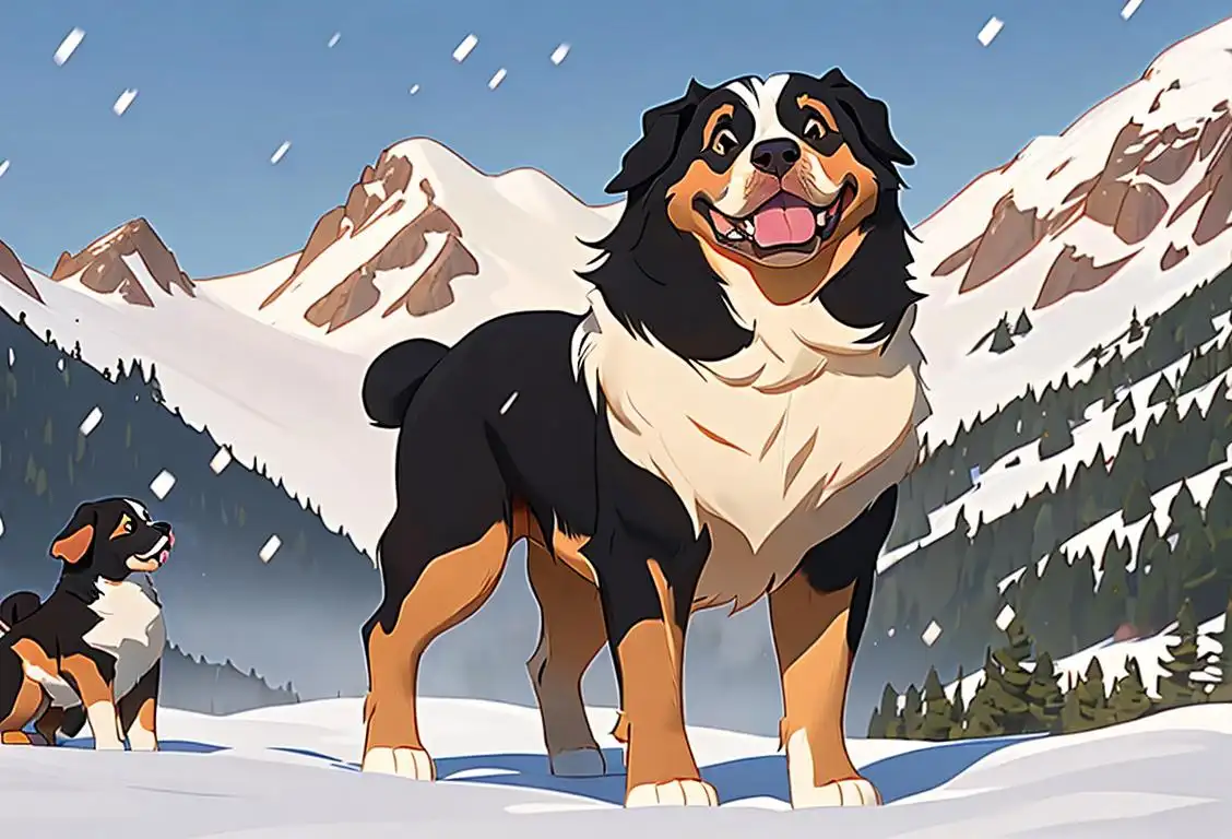 Happy Bernese Mountain Dog with a wagging tail, playing in a snowy mountain scene, surrounded by adorable plush toys..