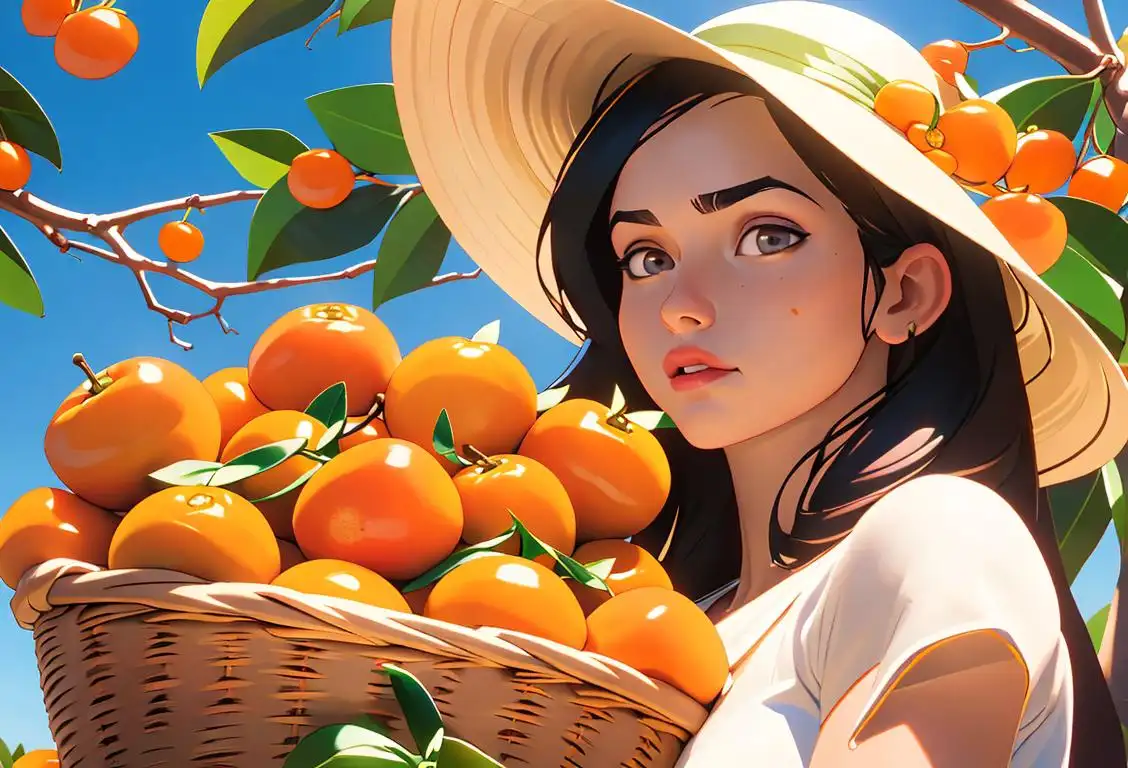 Young woman holding a basket of kumquats, wearing a sunhat, surrounded by vibrant citrus trees in a sunny orchard..