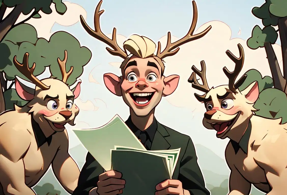 A joyful person wearing antlers, holding a wad of dollar bills, surrounded by nature and laughing friends..