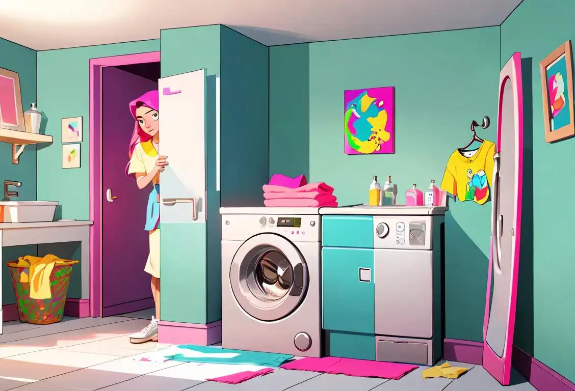 Young woman loading a colorful variety of clothes into a modern washing machine, wearing casual clothing, vibrant laundry room scene..