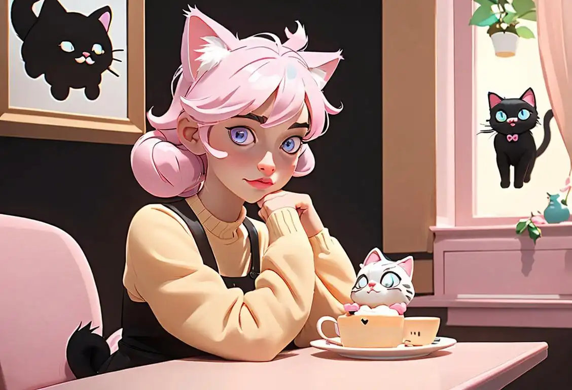 A young woman with cat ears and a tail, wearing a cute pastel outfit, sitting in a cozy cat-themed cafe surrounded by cat-themed decorations..