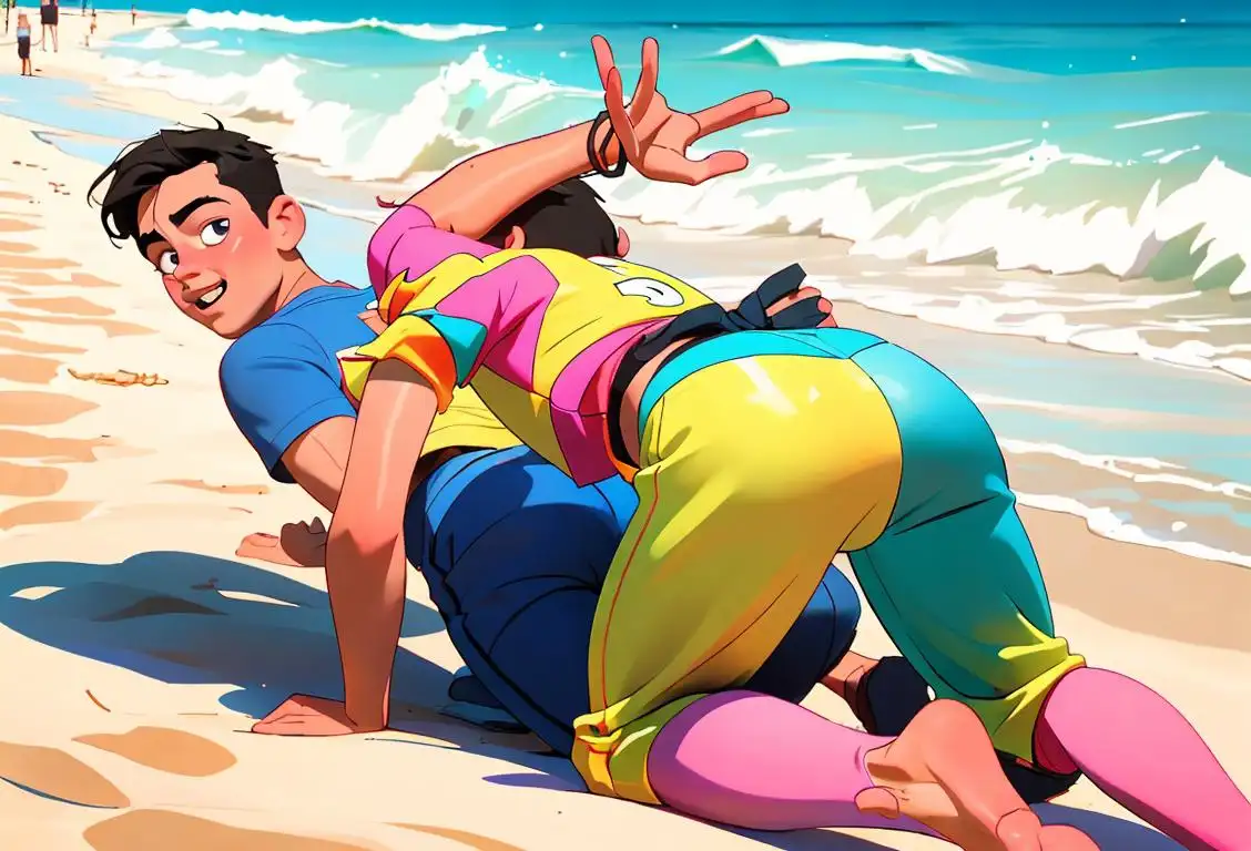 Young man playfully slapping a friend's bottom, both wearing colorful beach attire, lively beach party setting..