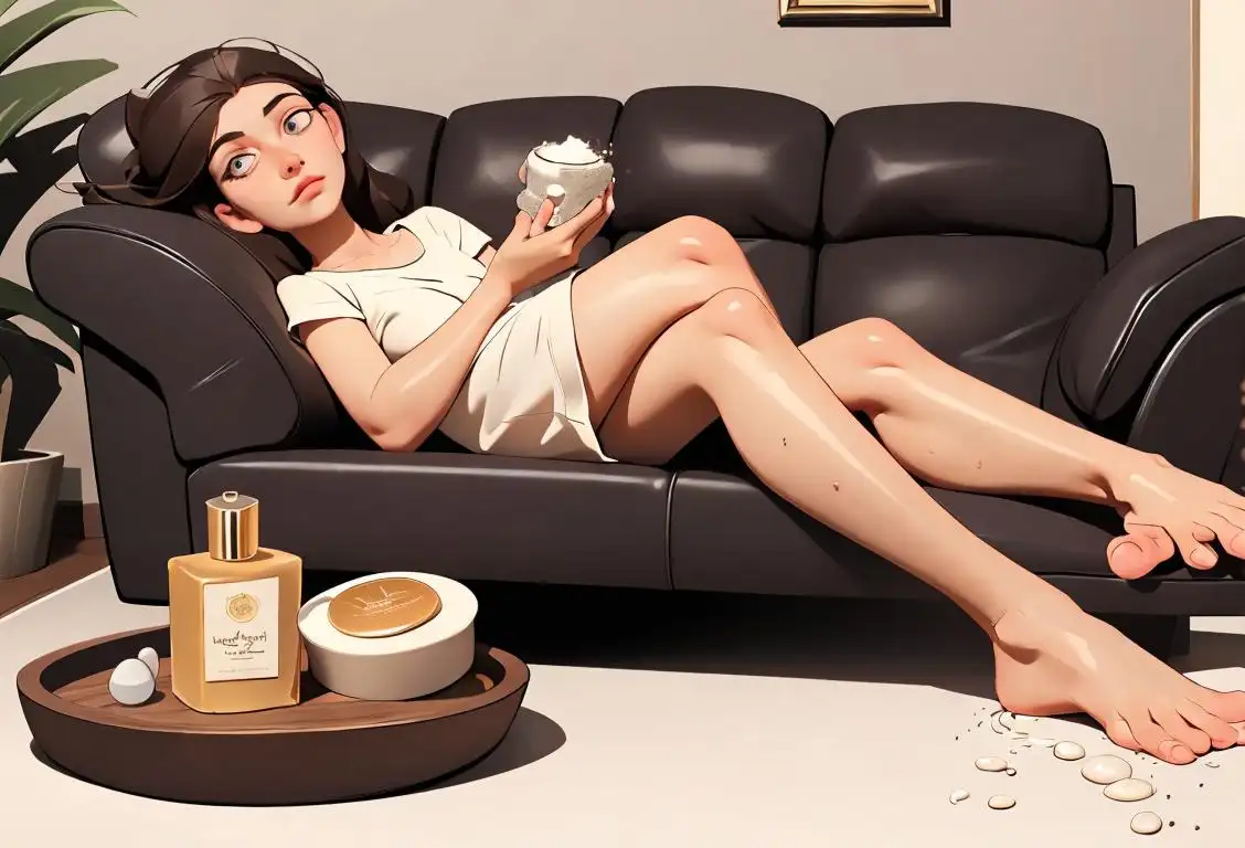 A person sitting on a cozy couch, massaging their tired feet with a scented foot scrub, surrounded by foot care products and relaxing atmosphere..