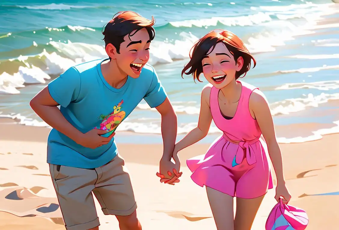 A young couple, holding hands, laughing at a joke, wearing colorful summer attire, beach setting..