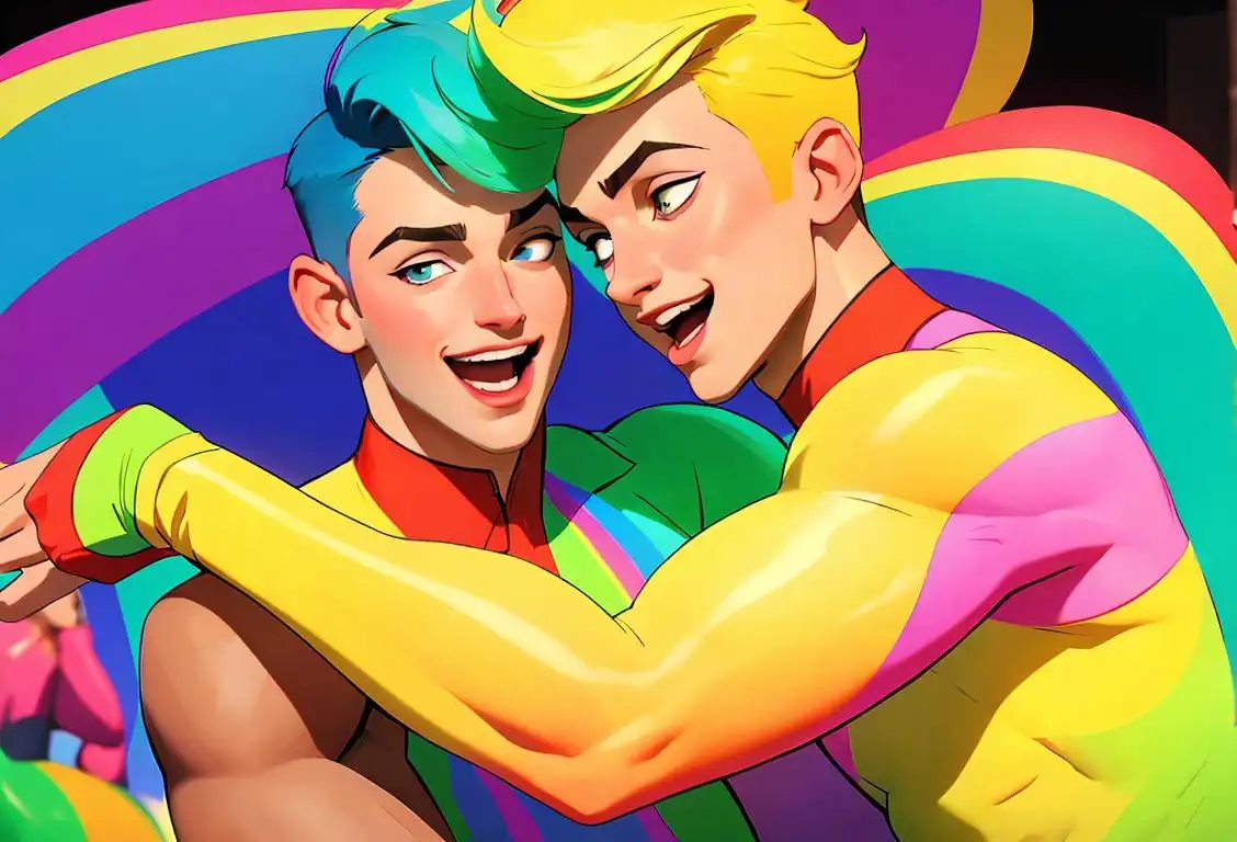 Happy gay boys embracing each other, wearing colorful pride outfits, dancing in a vibrant city parade..