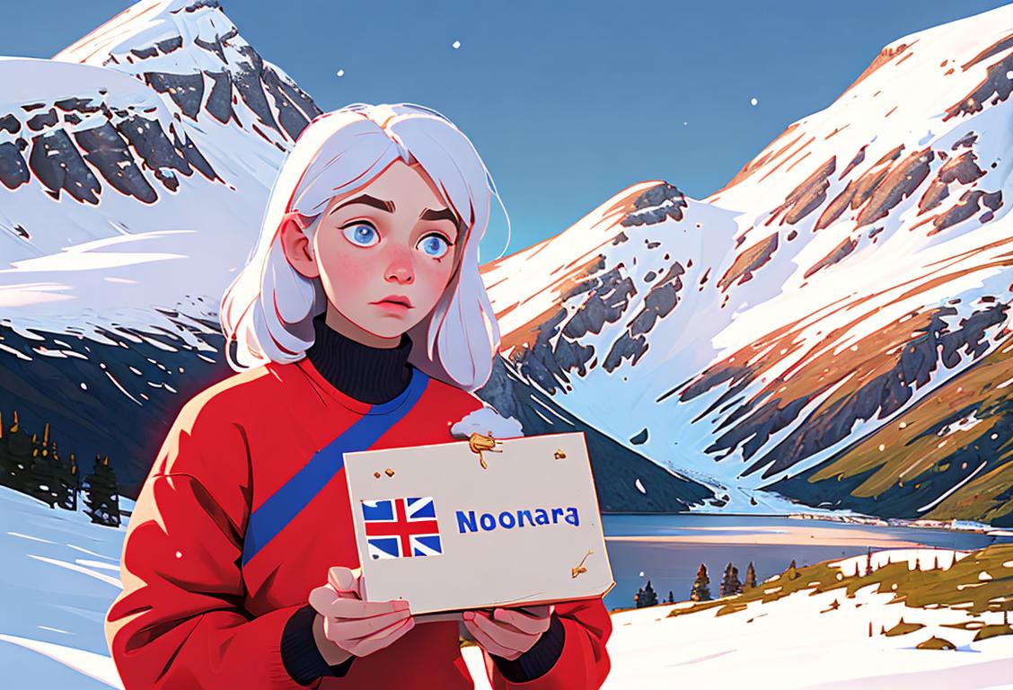Young person wearing traditional Norwegian sweater, holding Norwegian flag, in front of a snow-covered mountain landscape..