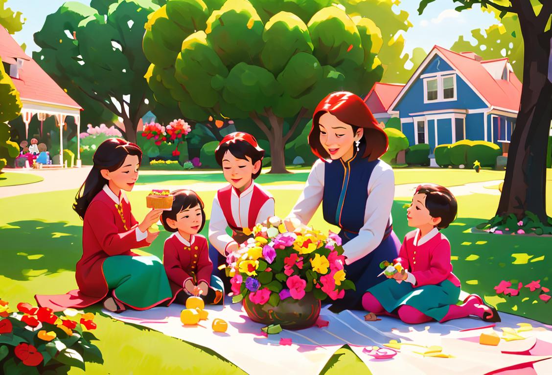 Group of diverse families enjoying a Christasia feast, with homes decorated in vibrant colors, beautiful floral arrangements, and children playing games in a park..