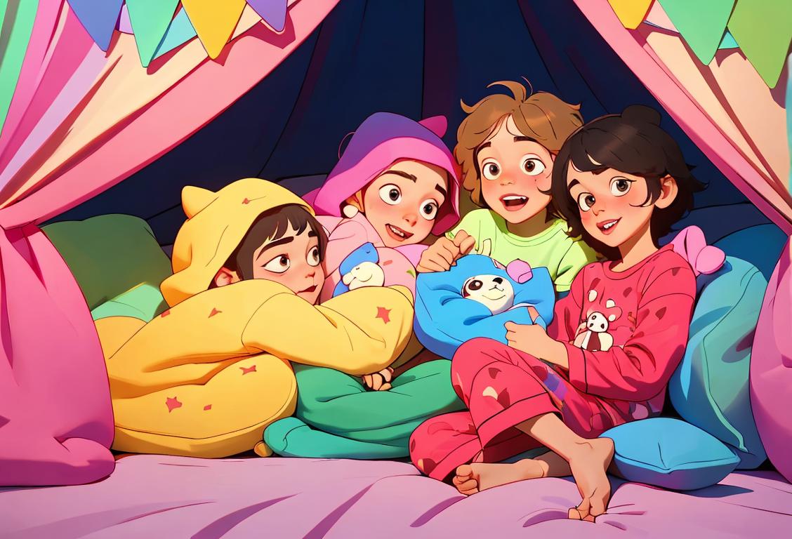 A group of excited kids in colorful pajamas, snuggled up in a pillow fort, surrounded by snacks and stuffed animals..