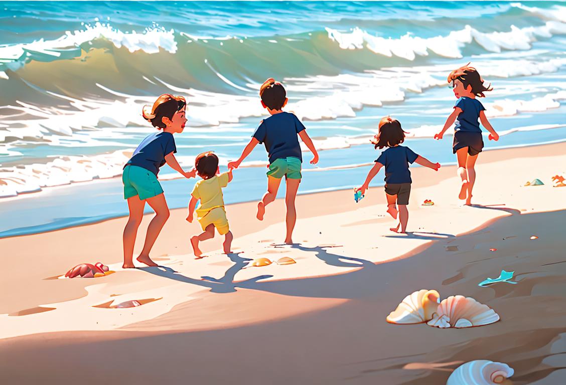 A group of excited children in colorful beach attire, exploring the shores and collecting seashells..