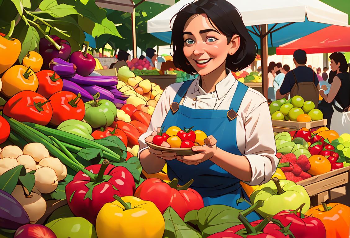 A food enthusiast joyfully exploring a vibrant farmers market, wearing a chef's apron, surrounded by colorful fruits, vegetables, and unique spices..