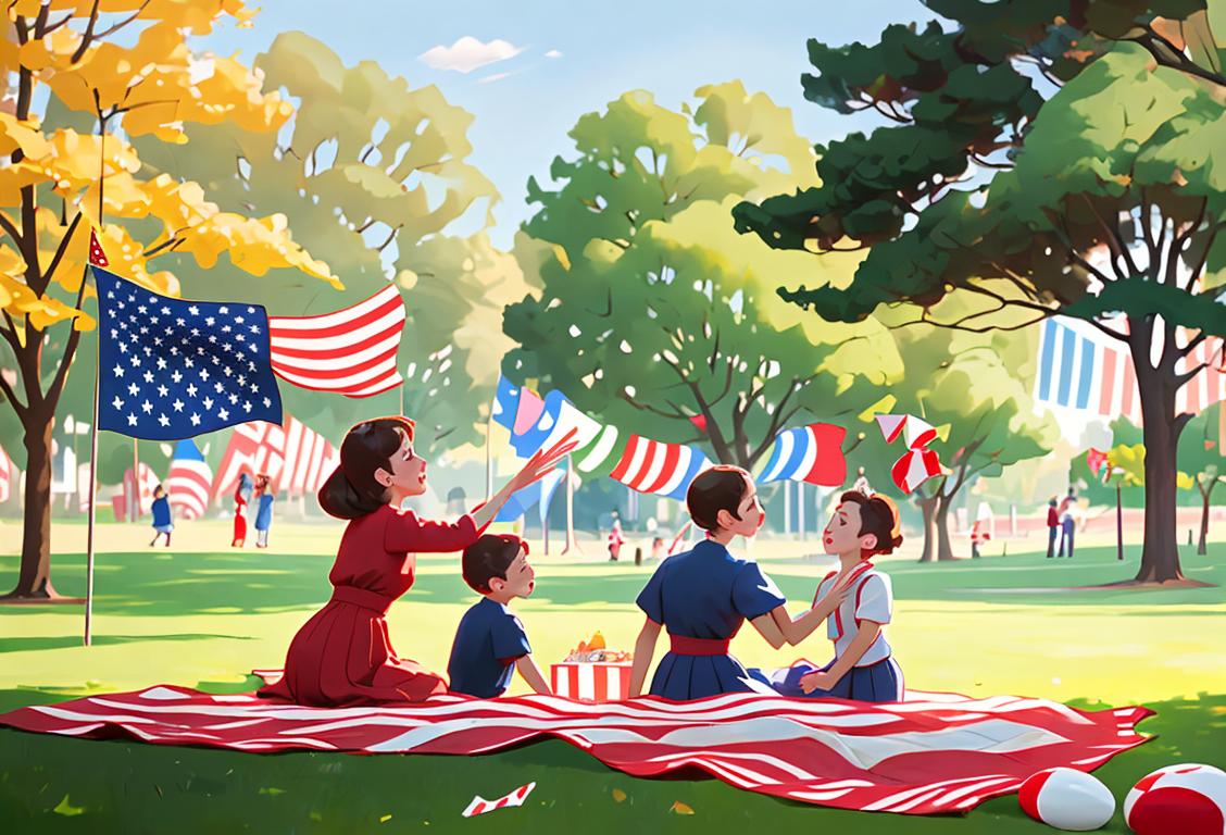 Multigenerational family dressed in patriotic clothing enjoying a picnic in a scenic park, waving flags and playing a fun outdoor game.