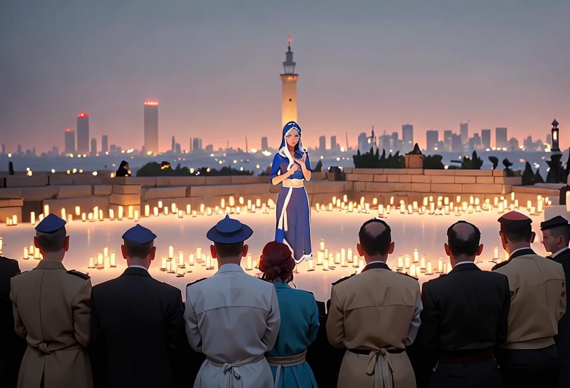 Group of people standing in silence, holding lit memorial candles, wearing traditional Israeli clothing, city skyline in the background..