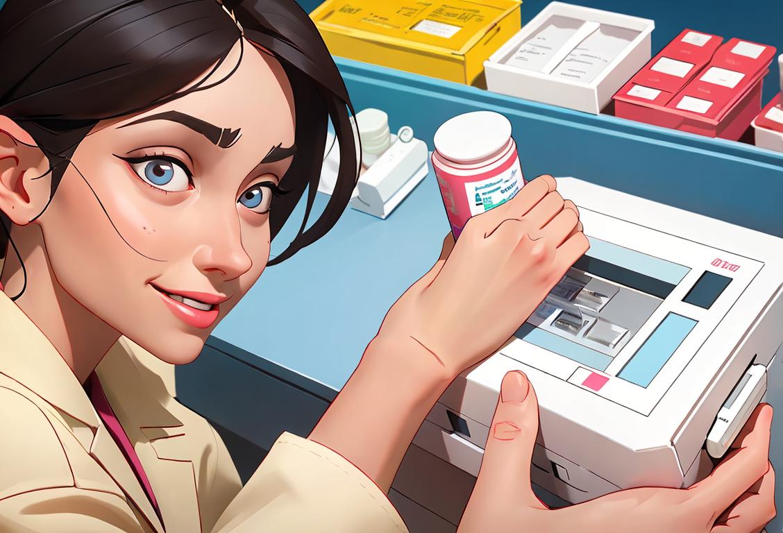 Happy person safely disposing of prescription drugs in a clean and modern pharmacy setting, wearing a lab coat and protective gloves..
