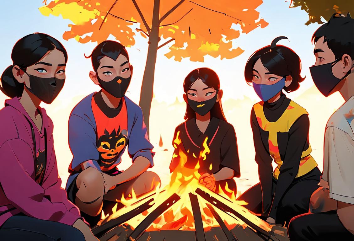 Cheerful group of people gathered around a bonfire, burning masks, wearing colorful summer clothes, sunny park setting..