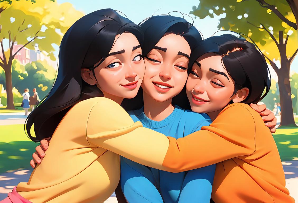 A group of diverse people sharing a warm and uplifting group hug, wearing casual and comfortable clothes, in a bright and sunny park setting..