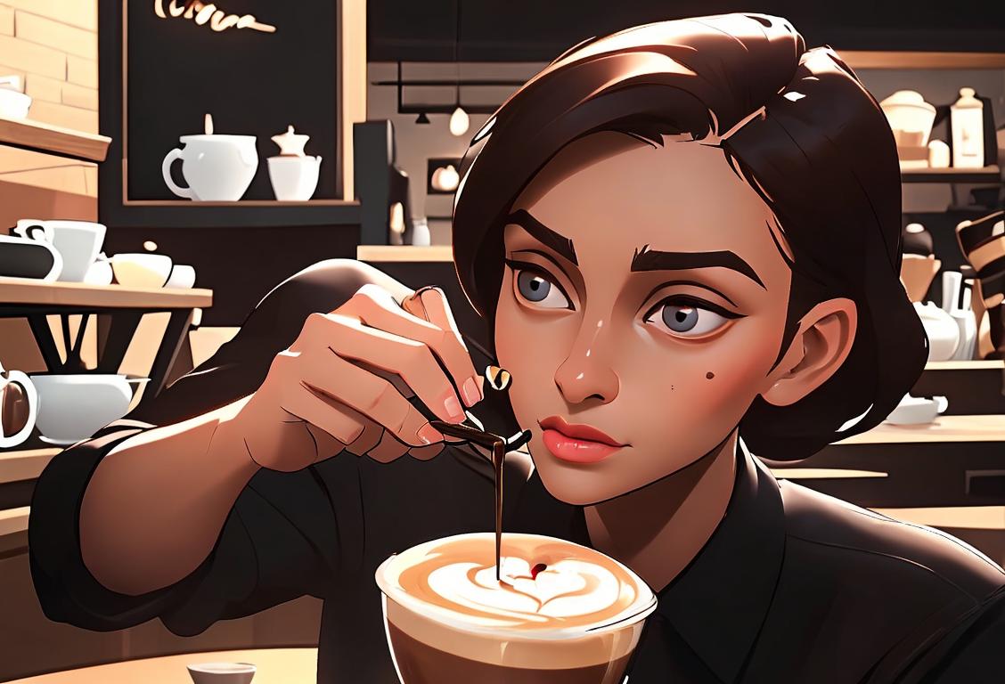 A barista pouring rich, dark espresso into a stylish, modern cup with latte art, surrounded by a bustling coffee shop ambiance..