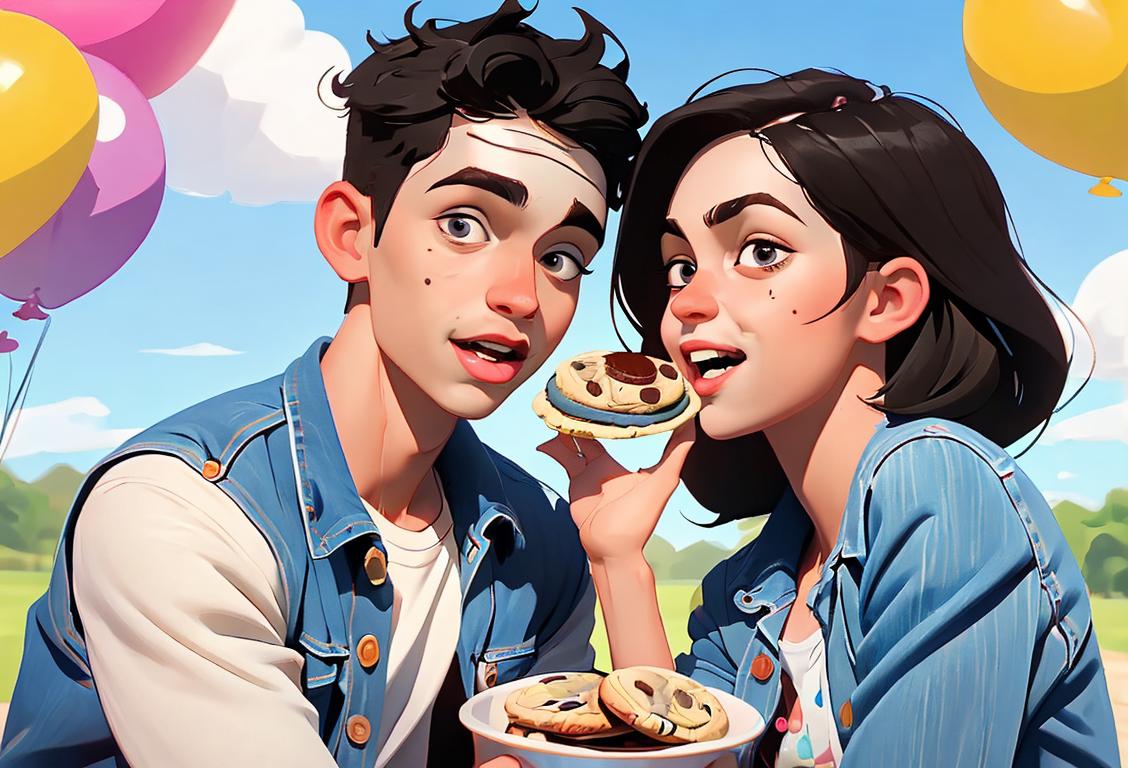 Young boy and girl joyfully sharing an Oreo cookie, wearing matching denim outfits, picnic scene with colorful balloons in the background..