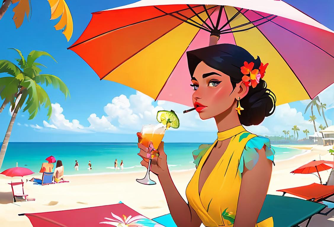 Young woman in a vibrant floral dress, sipping a margarita by the beach, surrounded by colorful umbrellas and palm trees..
