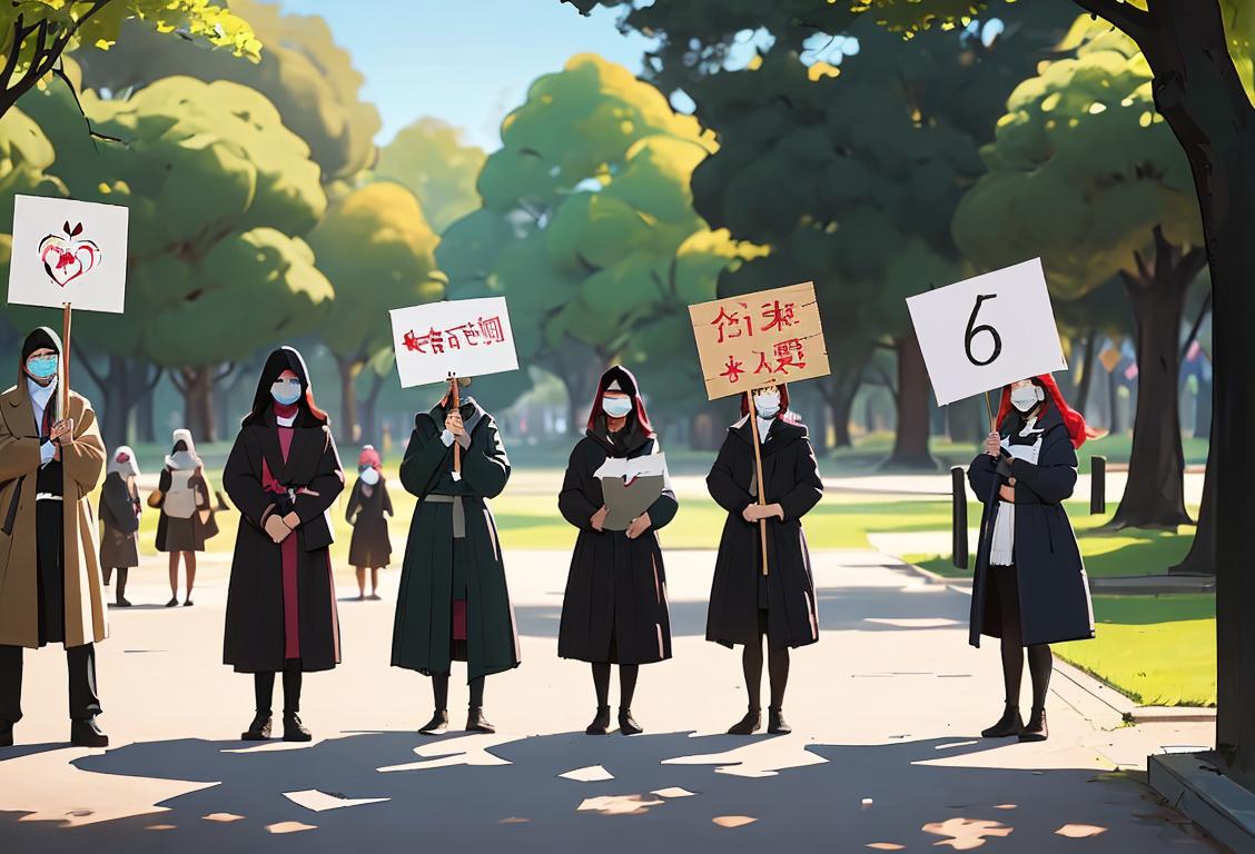 A diverse group of people wearing masks, standing 6 feet apart, holding signs with messages of unity and resilience against Covid-19, in a park setting..