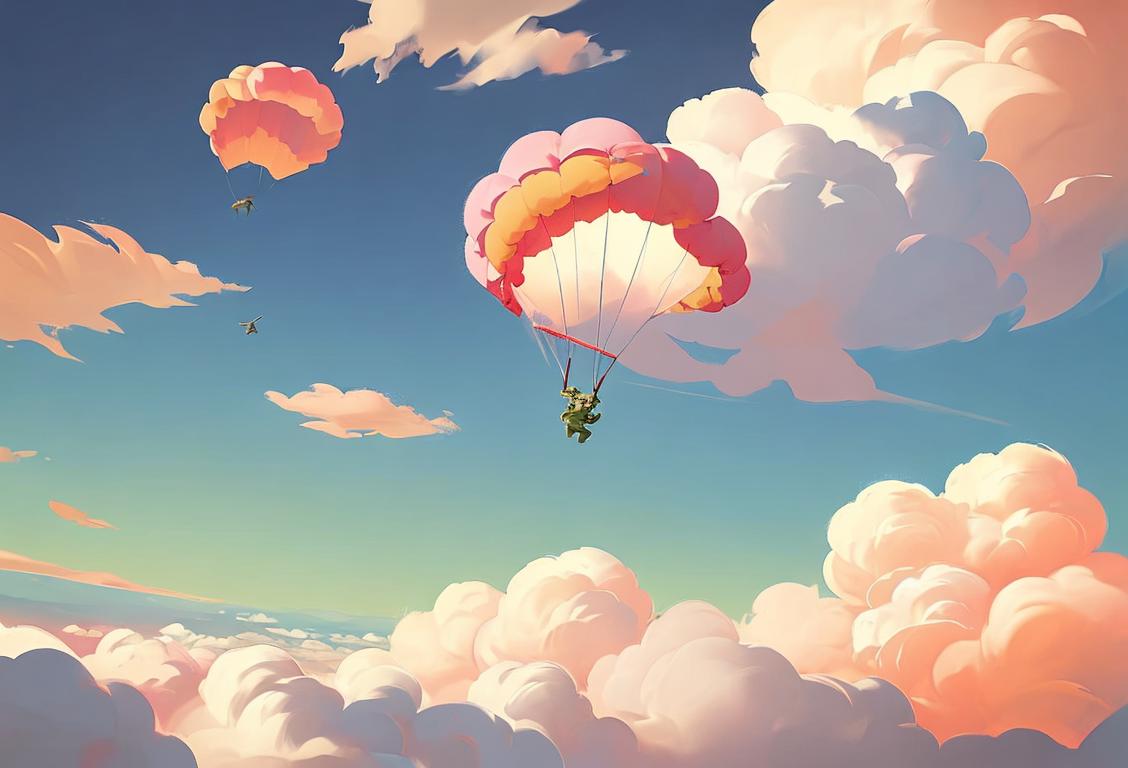 A brave paratrooper soaring through the sky, surrounded by billowing clouds and a scenic landscape below, wearing a colorful jumpsuit..