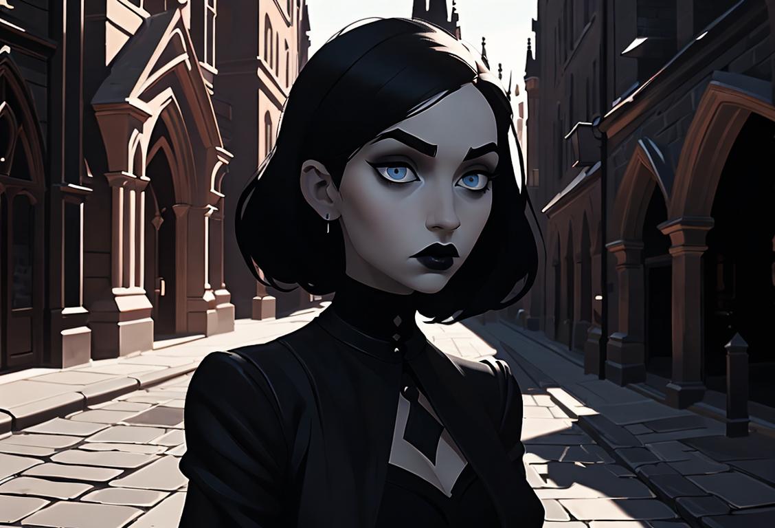 Young woman in black clothing and dark eyeliner, listening to shadowy music, surrounded by gothic architecture and cobblestone streets..