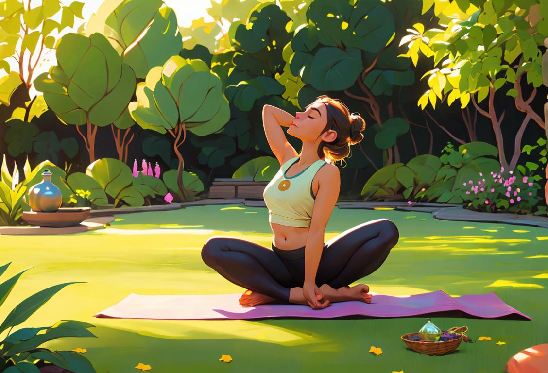 Person practicing yoga in a serene garden, wearing comfortable yoga clothes, surrounded by Ayurvedic herbs and essential oils..