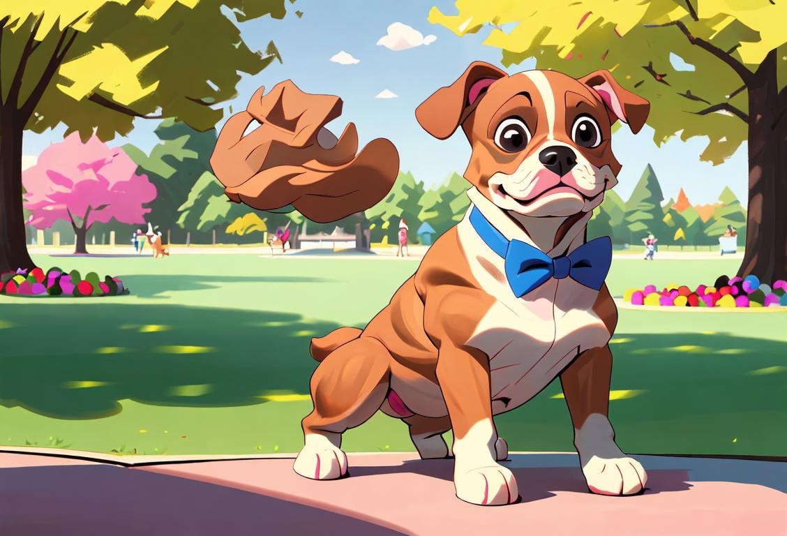 Photo of an adorable dawg wearing a bowtie, surrounded by colorful dog toys and a park setting..