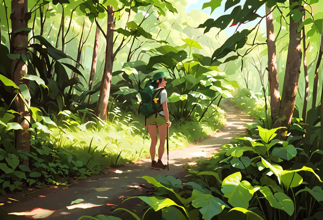 A person surrounded by lush greenery, wearing outdoor gear, hiker style, enjoying nature on National Nature Conservation Day..