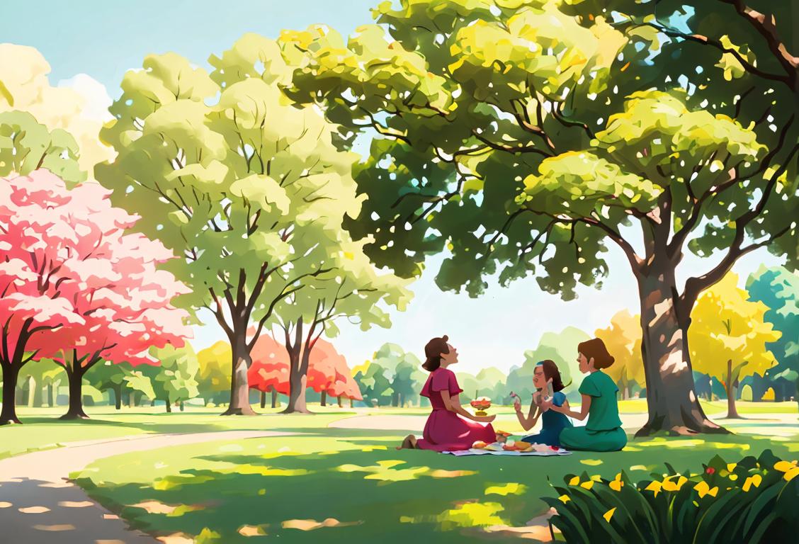 A beautiful image of a group of friends named Emily, enjoying a picnic in a sunny park. They are dressed in colorful summer outfits, capturing the joyful spirit of National Emily Day. In the background, there is a picturesque lake surrounded by lush green trees, providing a serene setting for this special celebration..