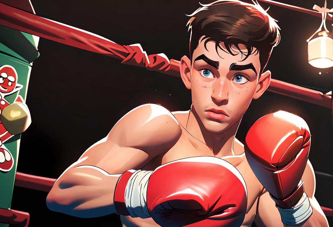 A young man in boxing gloves, wearing a cozy sweater, surrounded by festive decorations and gift boxes..