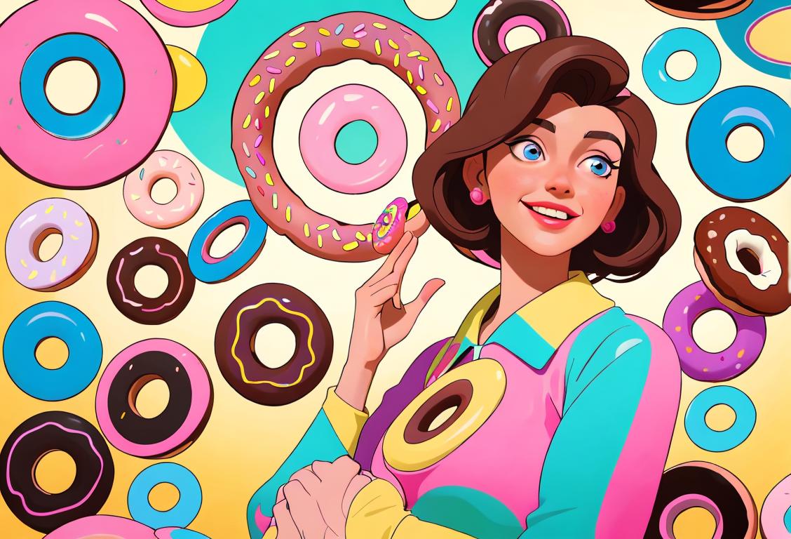 A joyful young woman, wearing a retro-inspired outfit, savoring a colorful doughnut surrounded by a whimsical doughnut-themed decor..