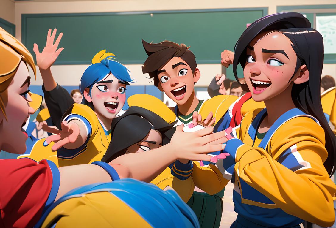 Group of students wearing their school colors, high-fiving and laughing, capturing the school spirit and camaraderie of National Lake Charles High Schools Fight Day..