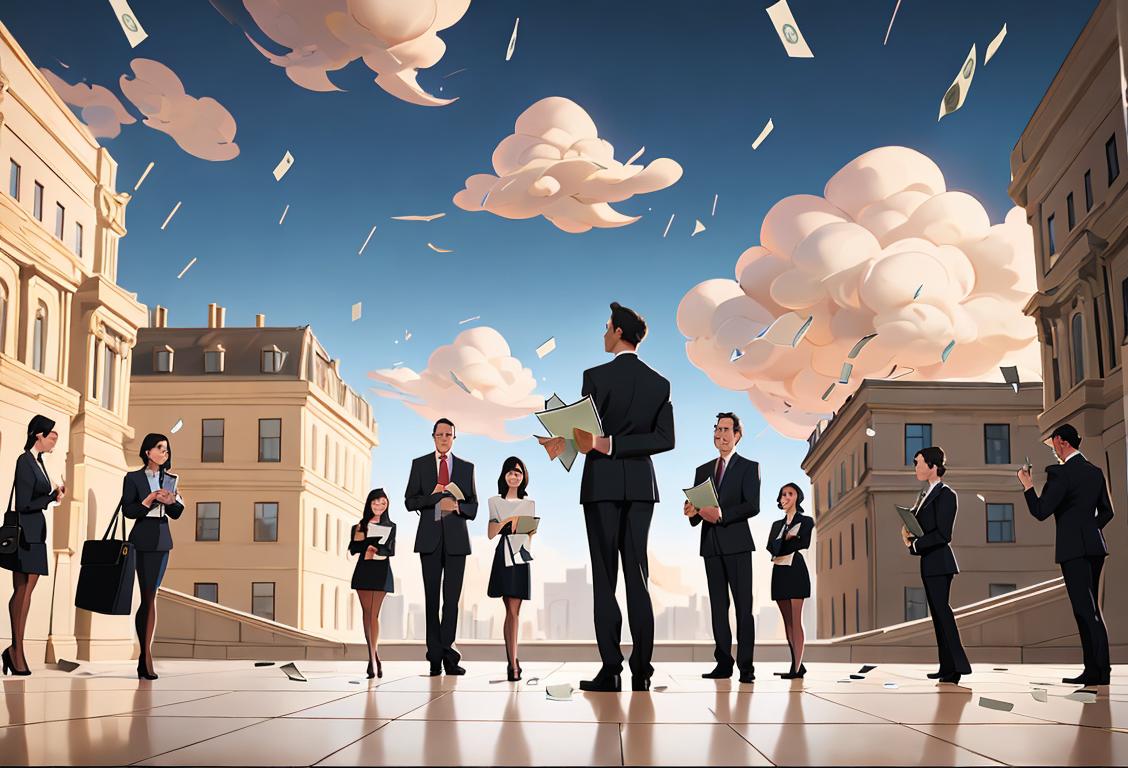 A group of people in business attire holding briefcases while standing in front of a government building surrounded by money raining from the sky..