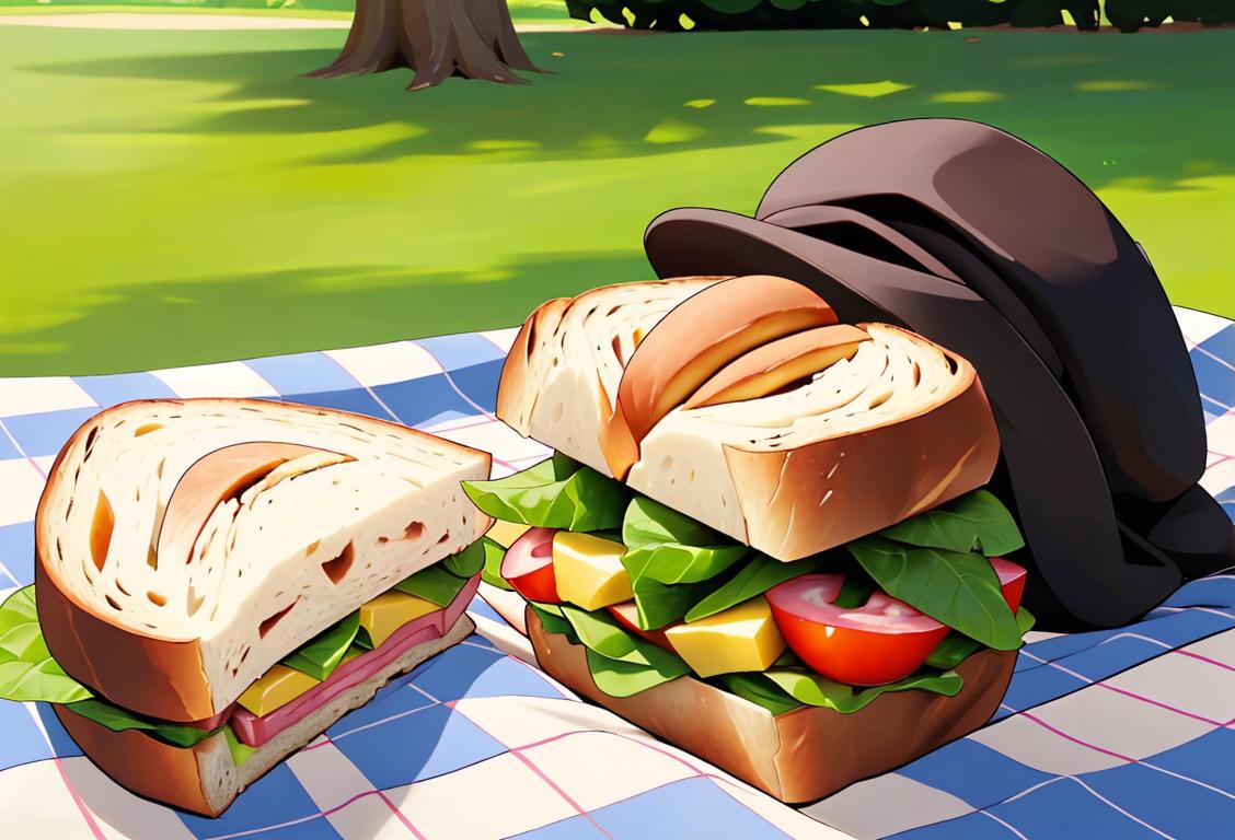 Sandwich lover taking a big bite, wearing a chef hat, picnic setting with a checkered blanket..