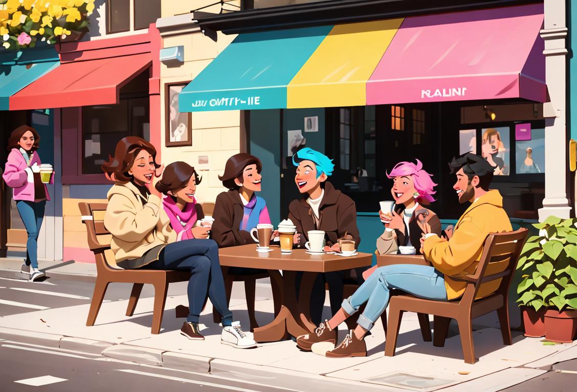 A group of diverse friends sitting outside at a coffee shop, warmly laughing and engaging in deep conversation. They are dressed in trendy, modern fashion with a mix of styles, creating a vibrant atmosphere. The scene is set in a cozy urban setting, with colorful street art and blooming flowers in the background..