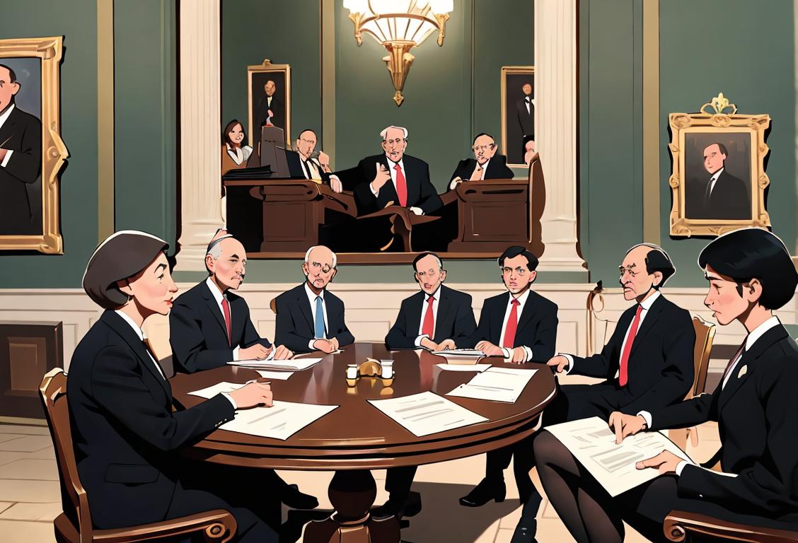 Group of people in formal attire, holding papers and engaging in a lively discussion, amidst a historic government building..