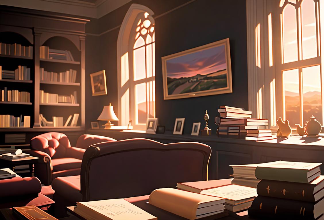 National Library of Wales at sunset on the longest day, overlooking Aberystwyth. Picture a cozy library scene with soft lighting, books piled high, and a majestic sunset outside..