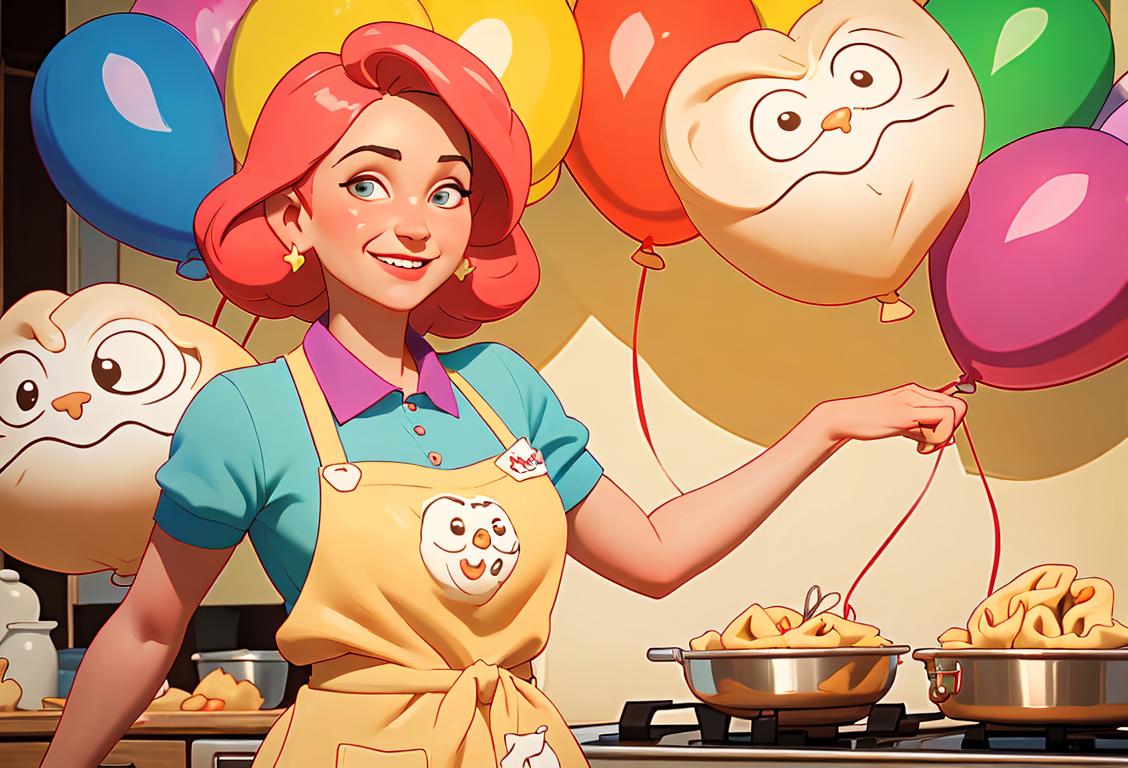 Smiling woman surrounded by pierogi-shaped balloons, dressed in a colorful apron, vibrant kitchen setting..